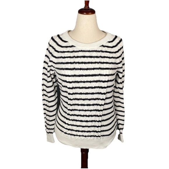 Gap Black & White Striped Cable Knit Crewneck Sweater Women’s Size Medium Cotton - Picture 1 of 8